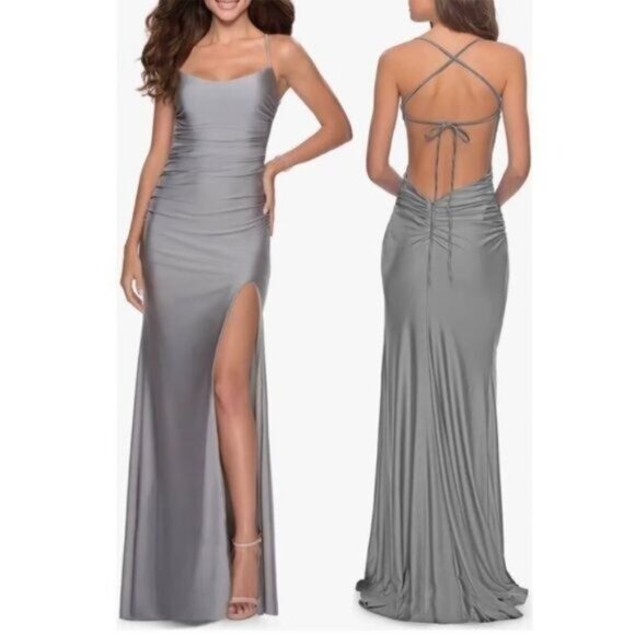 La Femme Dresses & Skirts - La Femme 28296 Silver Prom Dress Size 6 – Slit Tie-Back Formal Gown Prom Grad
